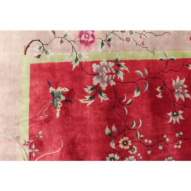 Early 20th Century Antique Art Deco Rug in Rich Red Field With Light Grey and Floral Accents For Sale - Image 5 of 14