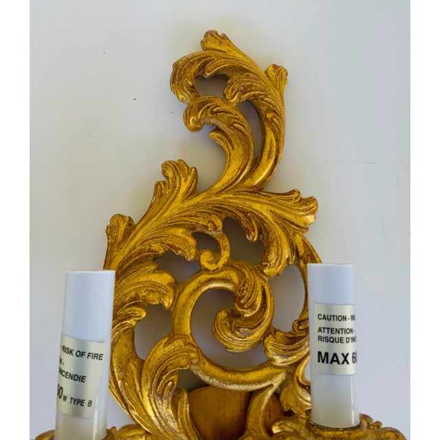 Myran Allan Luxury Lighting Italian Small Carved Wood Gold Wall Sconces Pair For Sale - Image 4 of 5