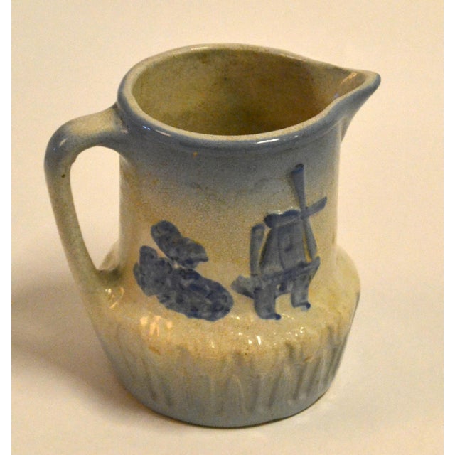 Sky Blue Early 20th Century Dutch Windmill Tulip Motiv Blue Beige Stoneware Pitcher For Sale - Image 8 of 14
