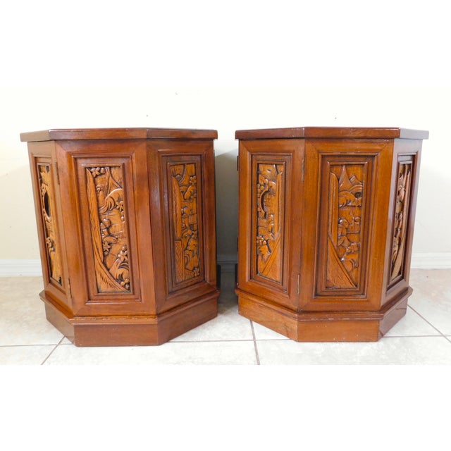 Pair Chinese Mid-Century Figural Carved Wood Glass Top Octagon Side/End Tables For Sale - Image 4 of 12