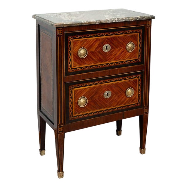 Antique 18th Century Louis XVI Neapolitan Chest of Drawers in Exotic Woods with Marble Top For Sale