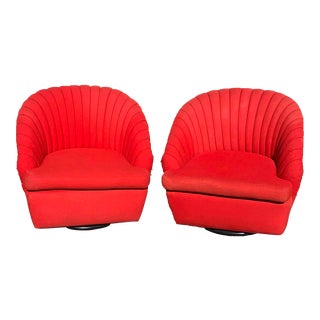 Vintage Vivid Red Channel Back Swivel Chairs - a Pair For Sale