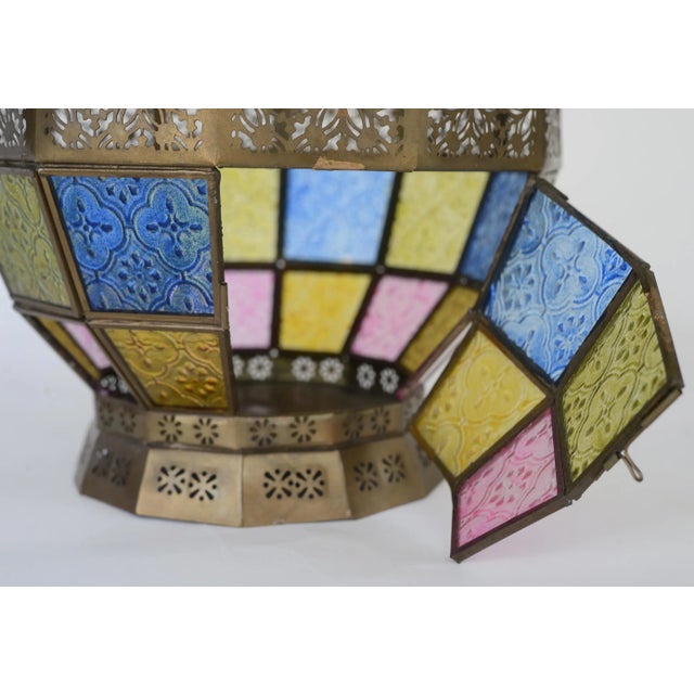 Vintage Victorian Style Stained Glass & Brass Hanging Lantern For Sale In San Francisco - Image 6 of 12