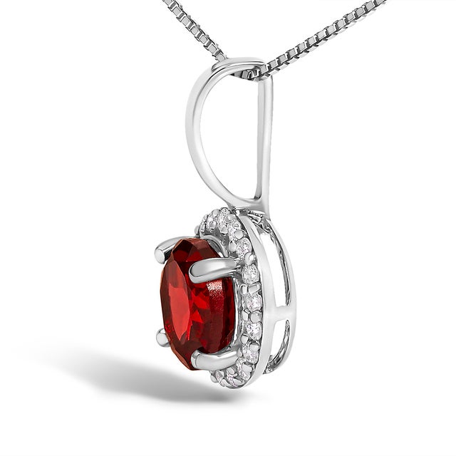 Contemporary 10K White Gold Red Garnet and 1/10 Cttw Diamond Accent Halo Pendant Necklace For Sale - Image 3 of 5