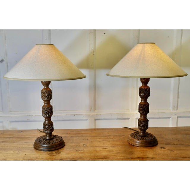 Wood Teak Carved Tree of Life Table Lamps, 1940s, Set of 2 For Sale - Image 7 of 9
