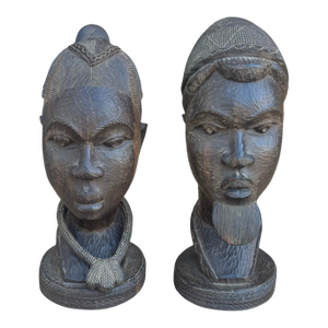 Pair of Mid 20th Century Male & Female Nigerian Busts Hand Carved in Ebony Wood