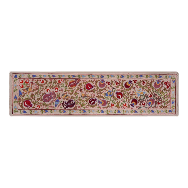 Floral Suzani Embroidery - Silk Cotton Blend Bird Table Runner Tapestry 1'8'' X 6'3'' For Sale