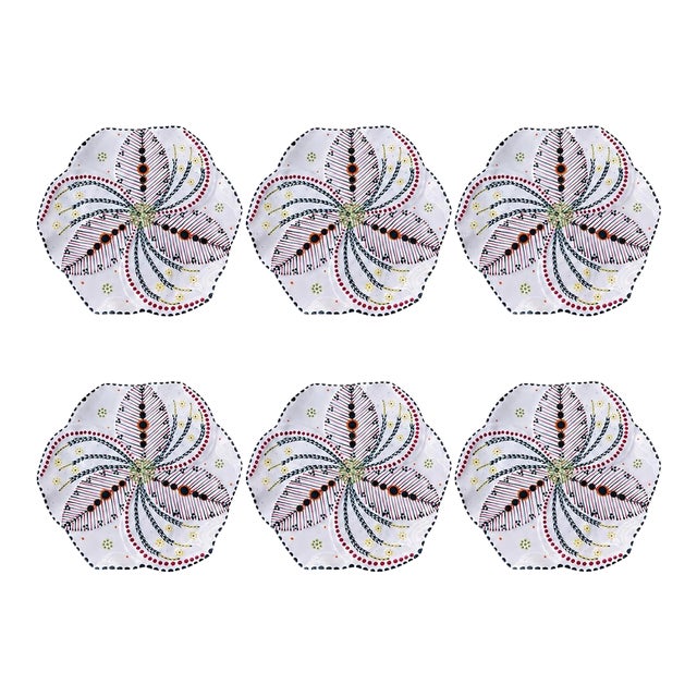 Hand-Painted South African Art Pottery Botanical Pinwheel Plates - Set of 6 For Sale