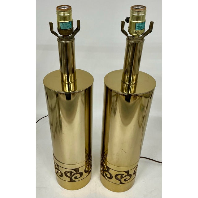 Rare find- fabulous pair or 1970s modernist table lamps by Pierre Cardin for Laurel Lamp. Polished brass finish.