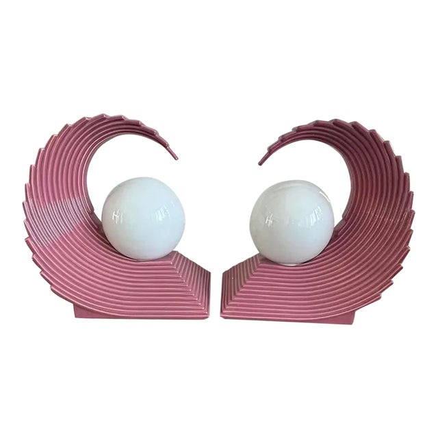 1980s Art Deco Revival Pink Ceramic Wave Lamps - a Pair For Sale