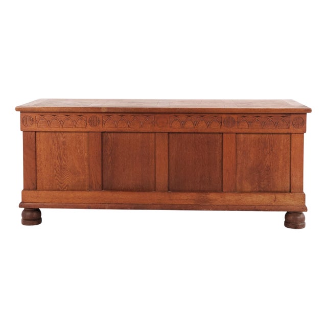Chest in Oak with Carved Details and Round Legs, 1920s For Sale