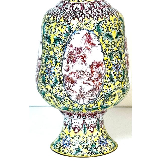 Chinese Canton Enamel Baluster Vase & Cover with 4 Landscape Reserves, 20th C. For Sale In West Palm - Image 6 of 12