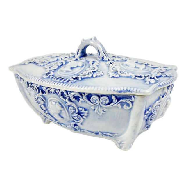 Cobalt Blue Ceramic Victorian Women Silhouette Trinket Box For Sale