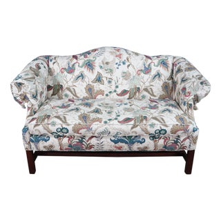 Late 20th Century Earls of High Point Chippendale Mahogany Camelback Settee Loveseat Crewel Fabric For Sale