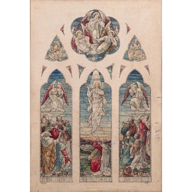 A sensitively drawn and highly-detailed study for a three-panel set of stained glass windows showing the ascension of...