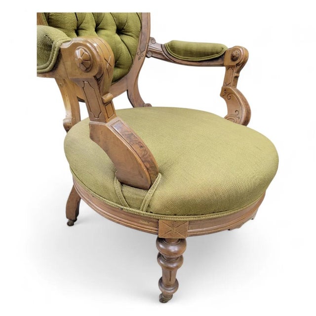 Antique Victorian Eastlake John Jelliff Style Carved Ornate French Walnut His and Hers Tufted Parlor Chairs in Original...