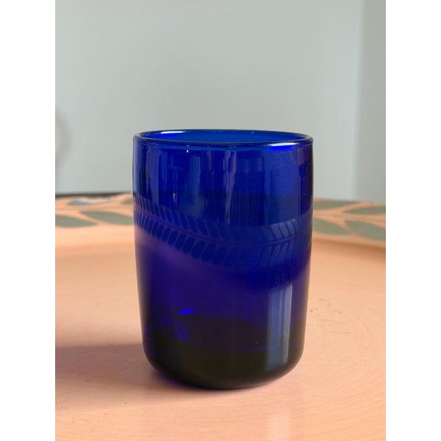 Art Deco Style Cobalt Blue Glasses, Set of 7 Hand Blown Lowball Glassware Set For Sale - Image 10 of 16