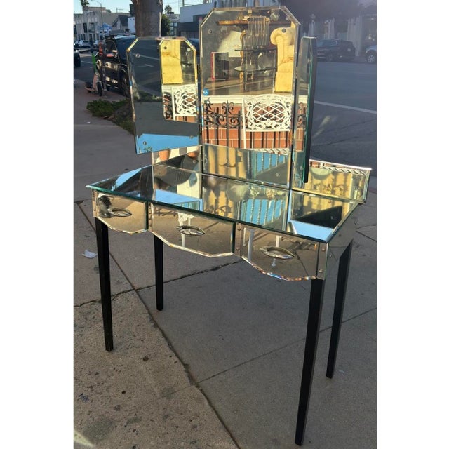 Art Deco Vintage Art Deco Mirrored Trifold Vanity Dressing Table For Sale - Image 3 of 4