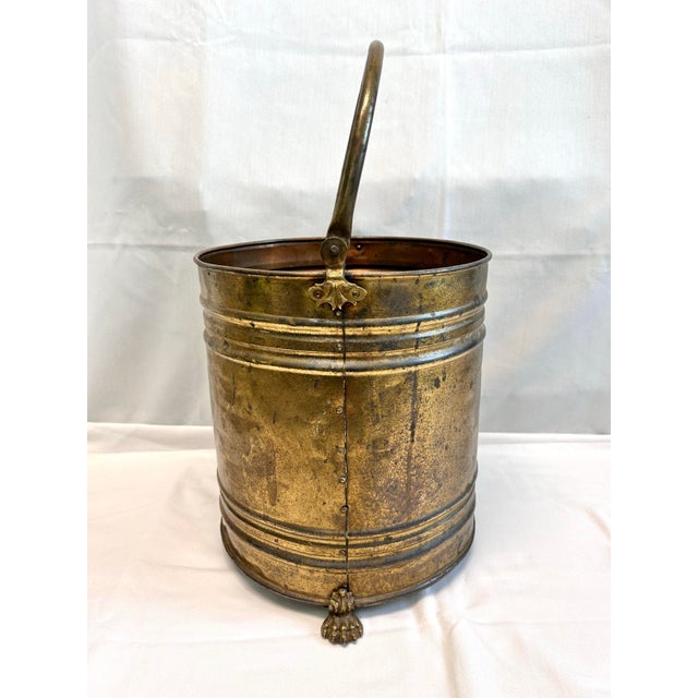 1920s Large 1920s Brass Footed Coal Firewood Bucket With Handle For Sale - Image 5 of 10