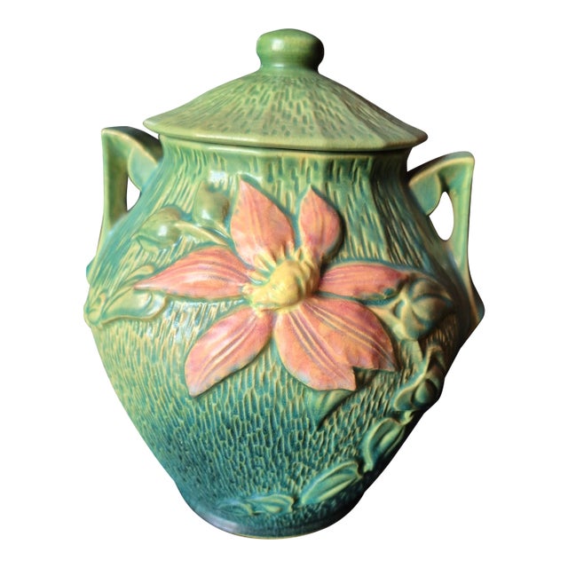 1944 Mid-Century Roseville Pottery "Clematis" Green Cookie Jar - Shape 3-8 (Jg) For Sale