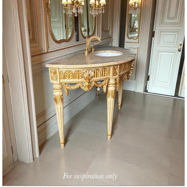 Late 19th Century Louis XVI French Marble-Top Vanity With Giltwood Urns, Garlands & Fleur-De-Lis For Sale - Image 5 of 10