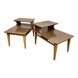 1970s Pair of Mid-Century Modern Two-Tier End Tables by Lane Solid Wood With Laminated Tops For Sale