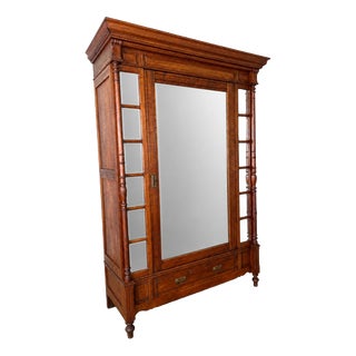 Antique French Style Oak Wardrobe with Mirrored Door For Sale