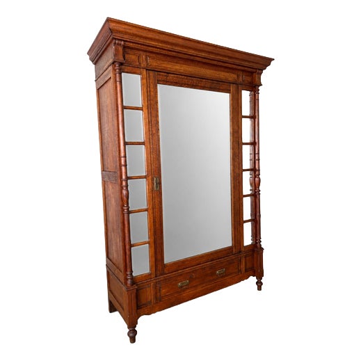 Antique French Style Oak Wardrobe with Mirrored Door For Sale