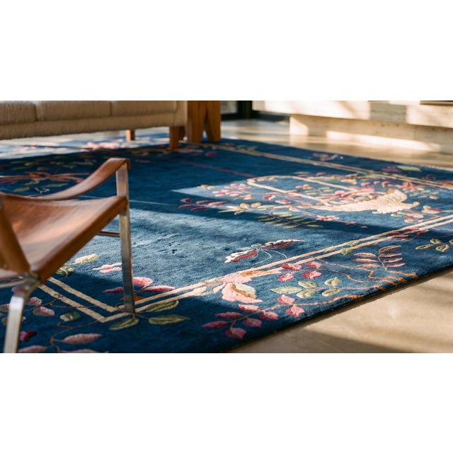 Beautiful Botanical Pattern With Navy Background Color Antique Chinese Art Deco Rug For Sale - Image 14 of 15