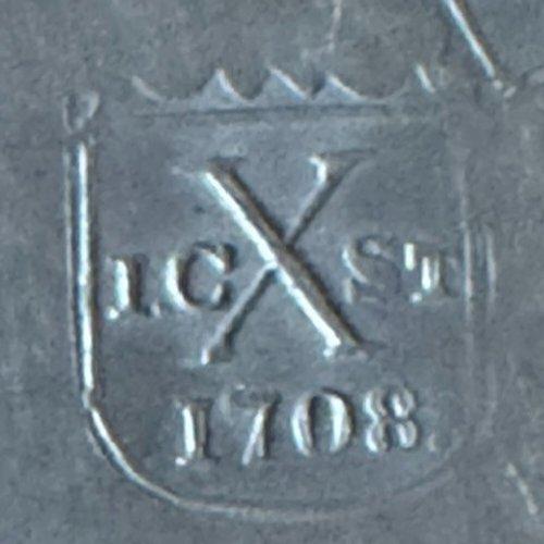 18th Century German Pewter Plate, 9.125" Reeded Rim, 1708 Quality Mark & 1857 Engraving For Sale - Image 6 of 12