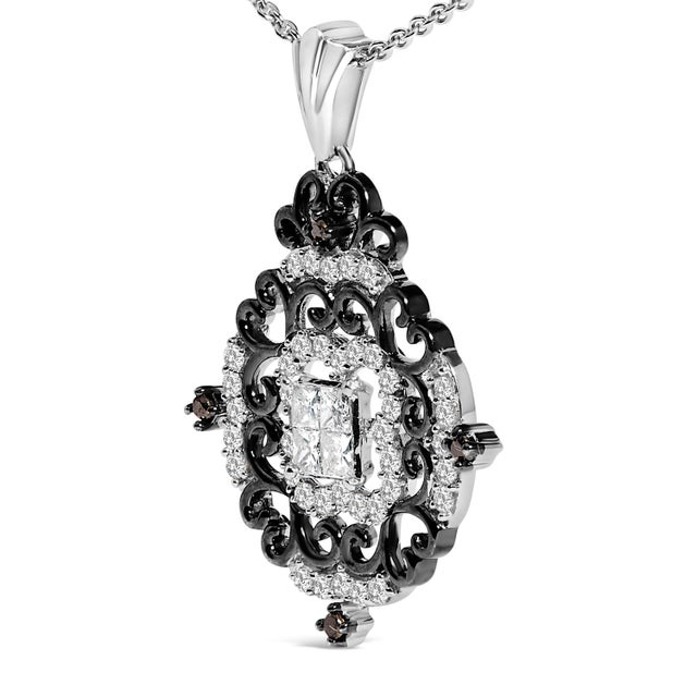 Contemporary Black Rhodium Plated Sterling Silver 3/4 Cttw Diamond Ornate Medallion Pendant Necklace For Sale - Image 3 of 5