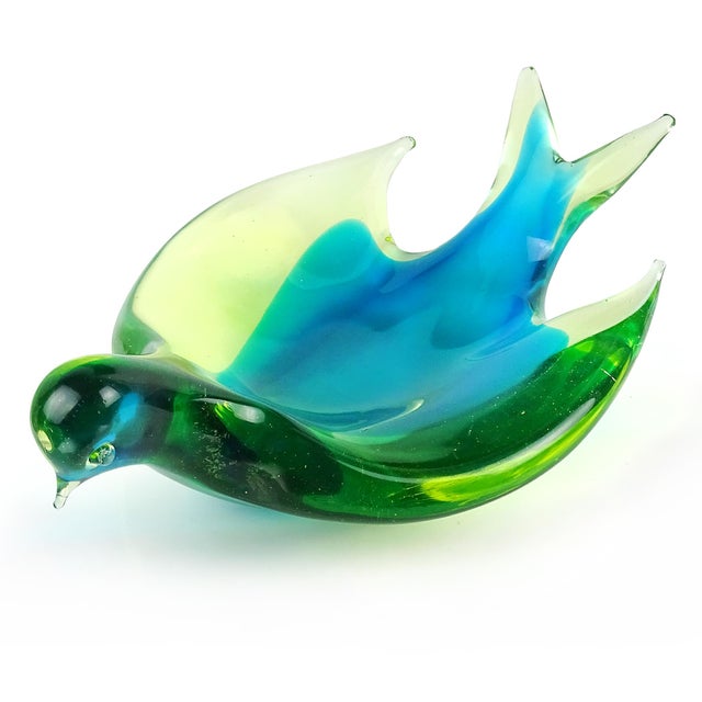 Mid-Century Modern Murano Vintage Sommerso Glowing Uranium Blue Yellow Green Italian Art Glass Bird Shaped Bowl For Sale - Image 3 of 11