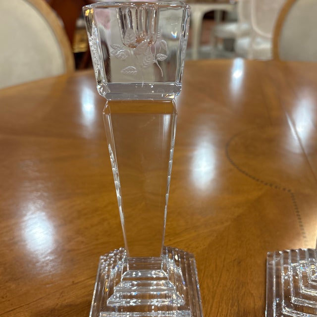 Pair of Signed Orrefors Crystal Candlesticks With Etched Dragonfly & Floral Motifs For Sale - Image 6 of 6