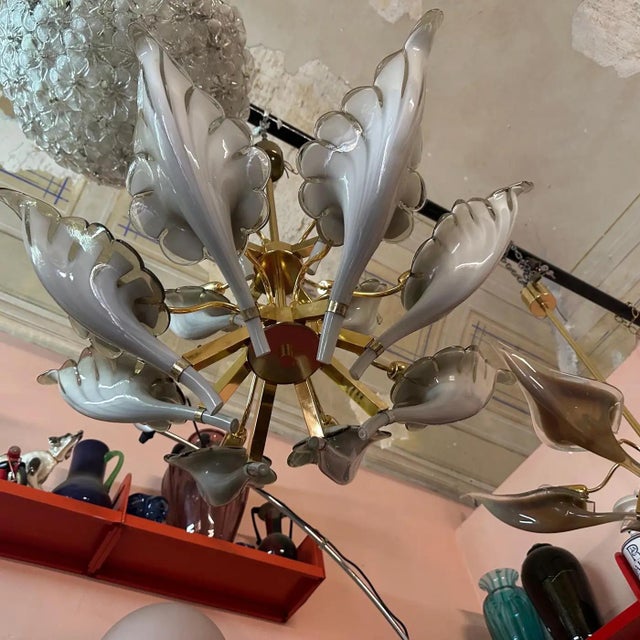 Gray 1970s Mid-Century Modern Brass and Gray Murano Glass Chandelier by Franco Luce For Sale - Image 8 of 11