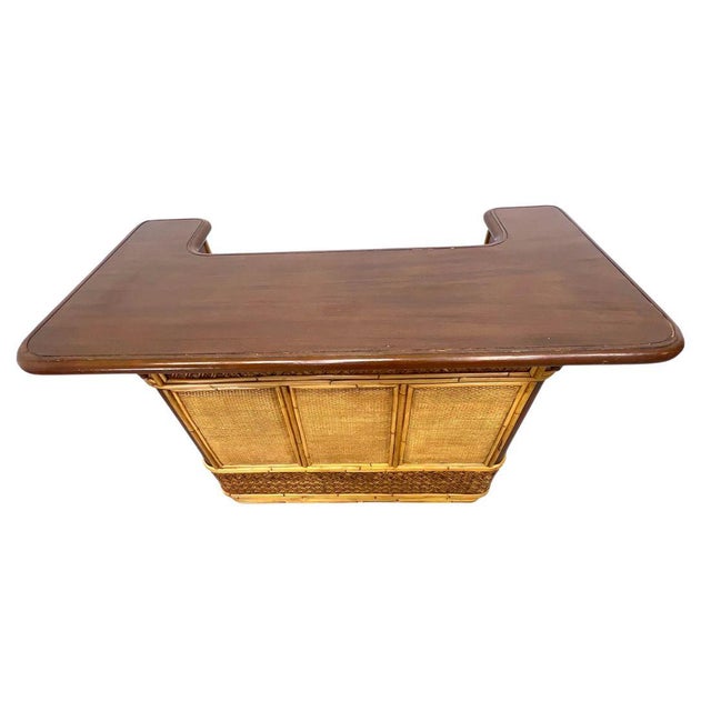 Mid-Century Modern Mid Century Modern Woven Rattan and Bamboo Bar With Two Bar Stools For Sale - Image 3 of 7