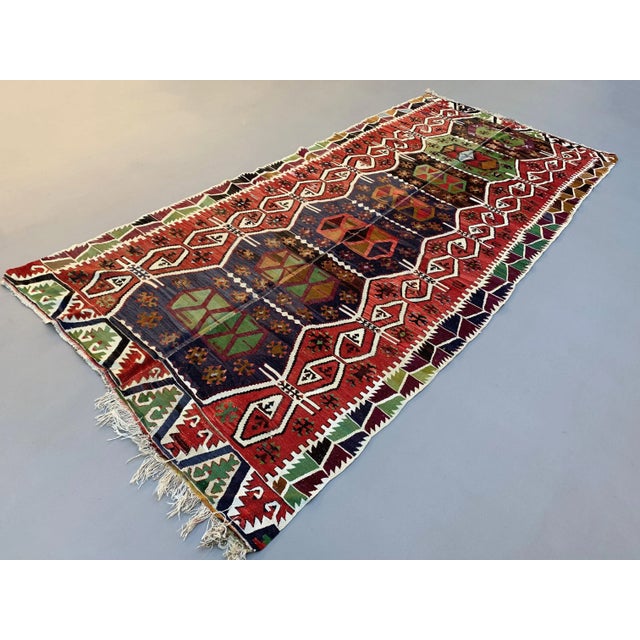 "Vintage Turkish Kilim Vintage Turkish Kilim from Central Turkey, very pretty with deep reds , dark greens and blacks....