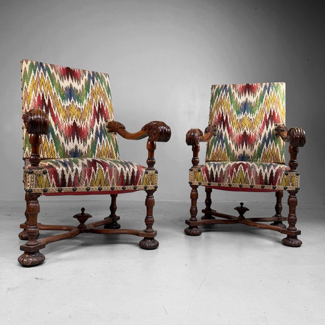 Antique Armchairs in Walnut with Ikat Pattern, Late 19th Century, Set of 2 For Sale - Image 17 of 18