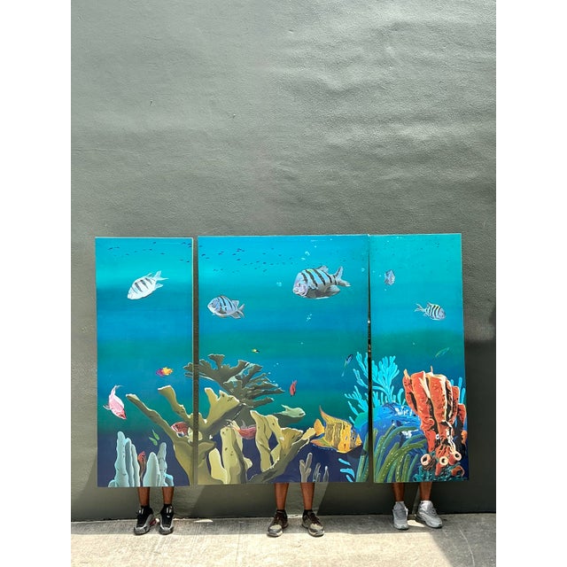 Contemporary Vintage Monumental Paul Youngblood Original Undersea Oil Tryptic on Canvas For Sale - Image 3 of 12