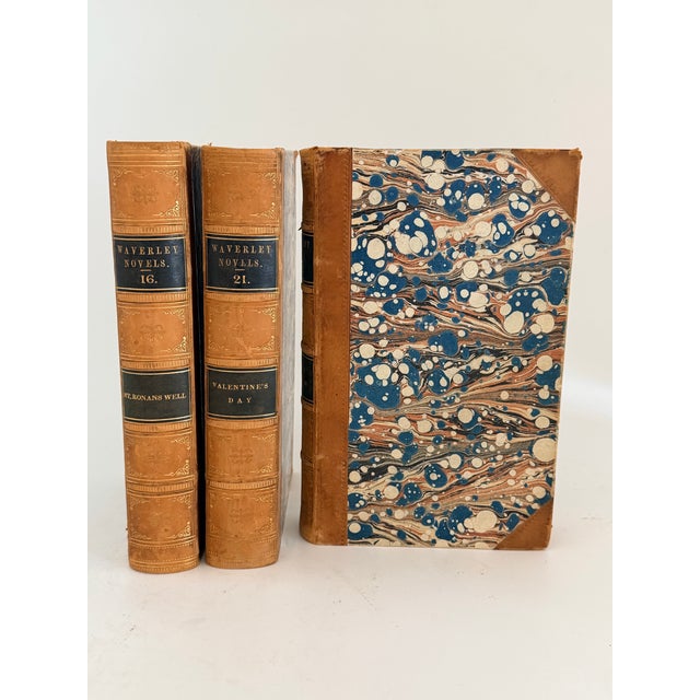 Traditional 3 Decorative Leatherbound Books With Marbleized Cover Dated 1855 For Sale - Image 3 of 11