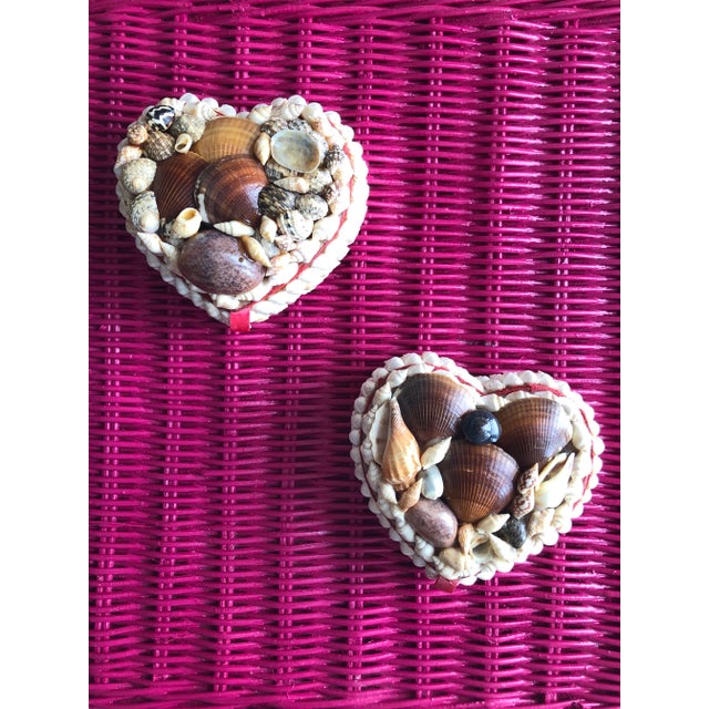 Linen Heart Shaped Folk Art Boxes Encrusted With Shells - a Pair For Sale - Image 8 of 10