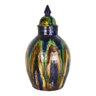 Mid Century Belgian Drip Glaze Lidded Vase For Sale