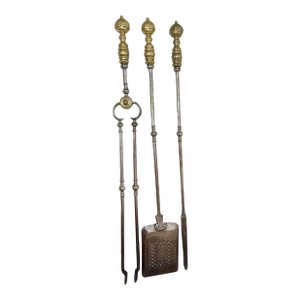 3 Huge Antique 1800s Wrought Iron Turned Brass Fireplace Tools Shovel Poker Tong