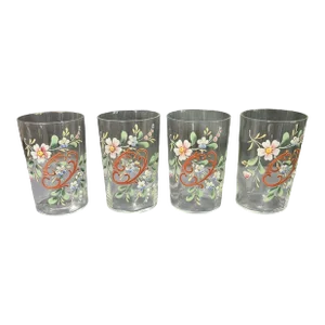 Antique Victorian Hand Painted Enamel Floral Set of 4 Glasses Tumblers