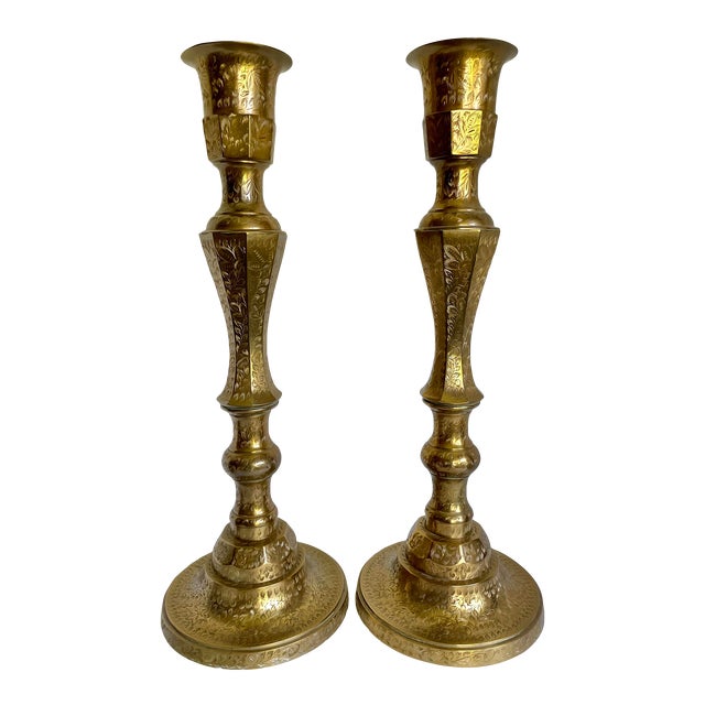 Vintage Pair of Tall Etched Brass Indian Candle Holders Chairish