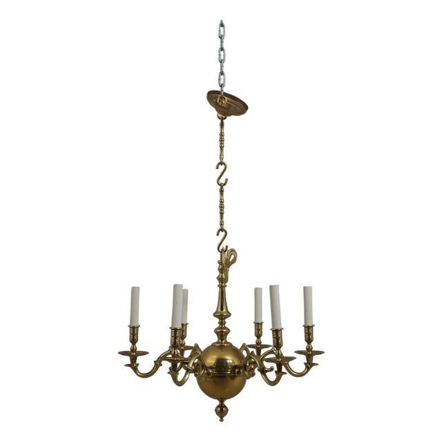 1980s Virginia Metalcrafters Colonial Williamsburg 6 Arm Brass Chandelier For Sale