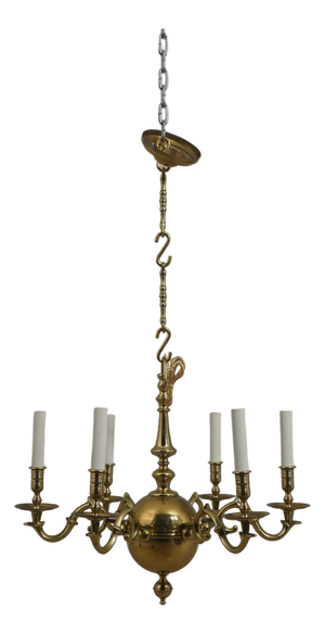 1980s Virginia Metalcrafters Colonial Williamsburg 6 Arm Brass Chandelier