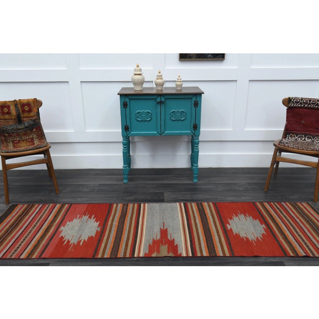 Boho Chic 1970s Turkish Oushak Handmade Wool Cotton Red Runner Rug For Sale - Image 3 of 11