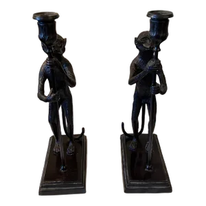 1990s Maitland-Smith Bronze Monkey Candle Holders- a Pair
