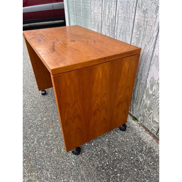 Danish Modern Teak Writing Desk With Finished Back on Castor Wheels For Sale - Image 9 of 13