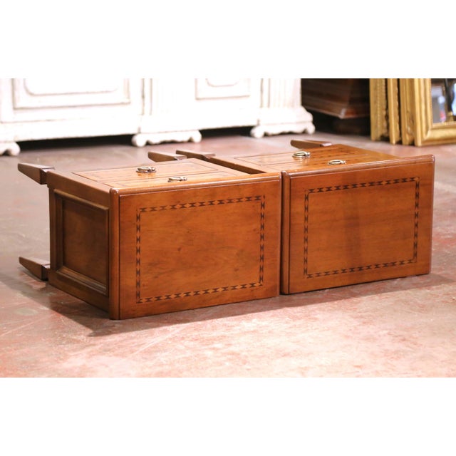 Pair of 20th C. Louis XVI Style Inlaid Walnut Nightstands With Parquetry Detail For Sale - Image 10 of 11